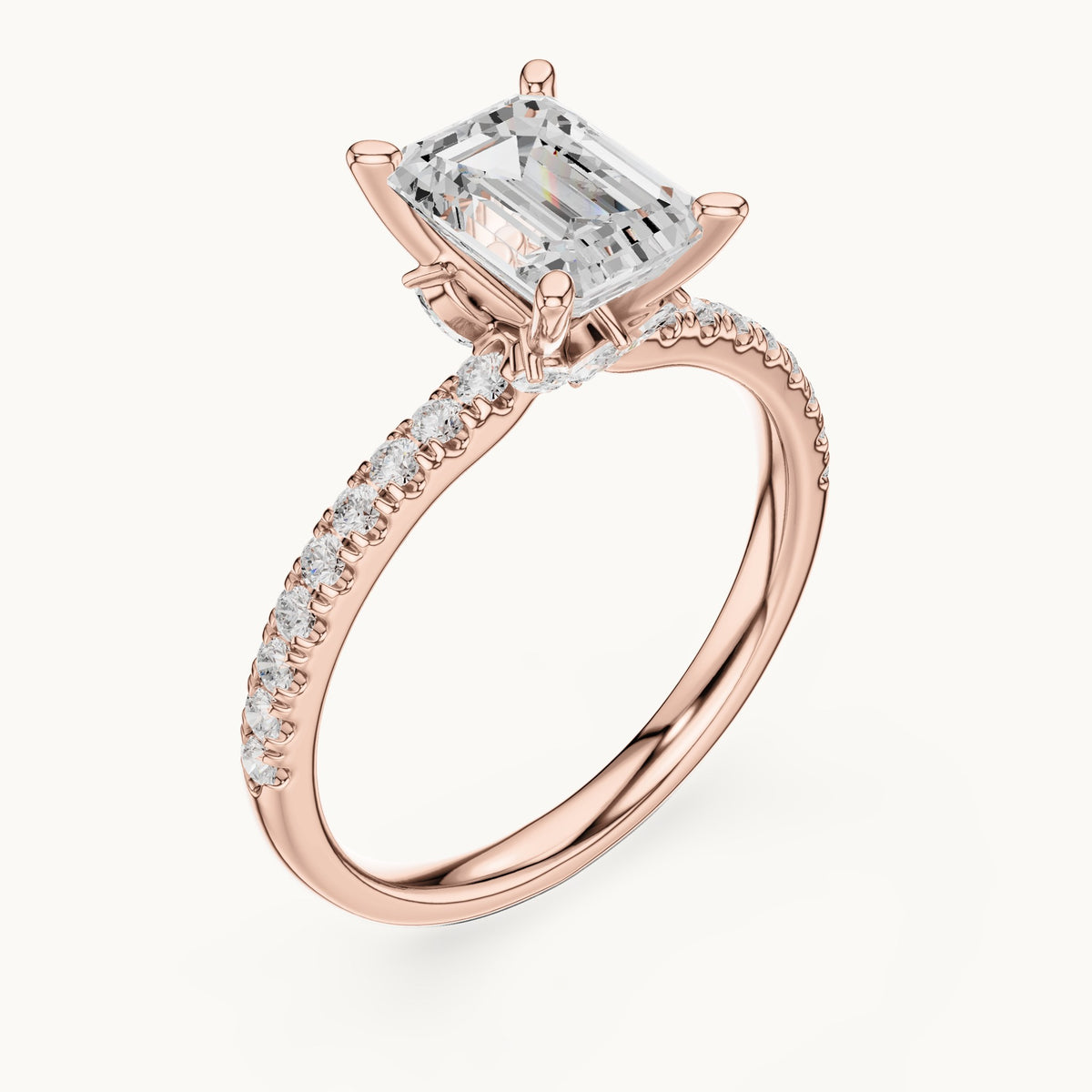 Emerald-cut lab-grown diamond pavé prong-accent engagement ring in rose gold, 2.41 CT TW, view 2
