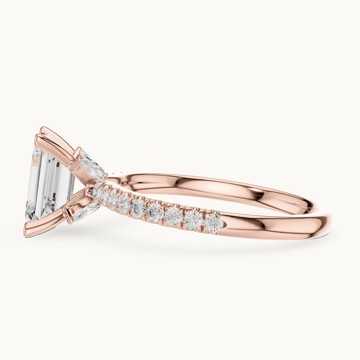 Emerald-cut lab-grown diamond pavé prong-accent engagement ring in rose gold, 2.41 CT TW, view 3