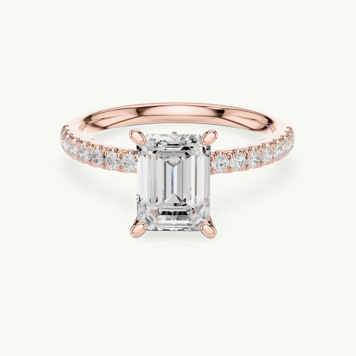 Emerald-cut lab-grown diamond pavé prong-accent engagement ring in rose gold, 2.41 CT TW, view 4