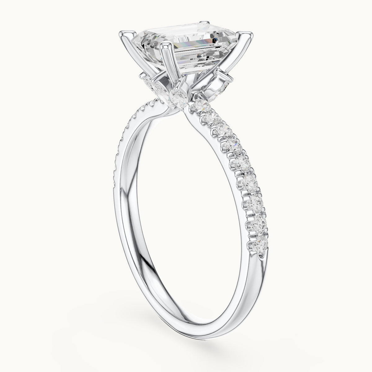 Emerald-cut lab-grown diamond pavé prong-accent engagement ring in white gold, 2.41 CT TW, view 1
