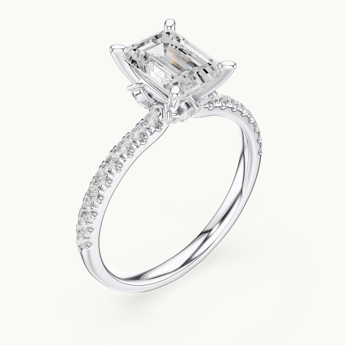 Emerald-cut lab-grown diamond pavé prong-accent engagement ring in white gold, 2.41 CT TW, view 2