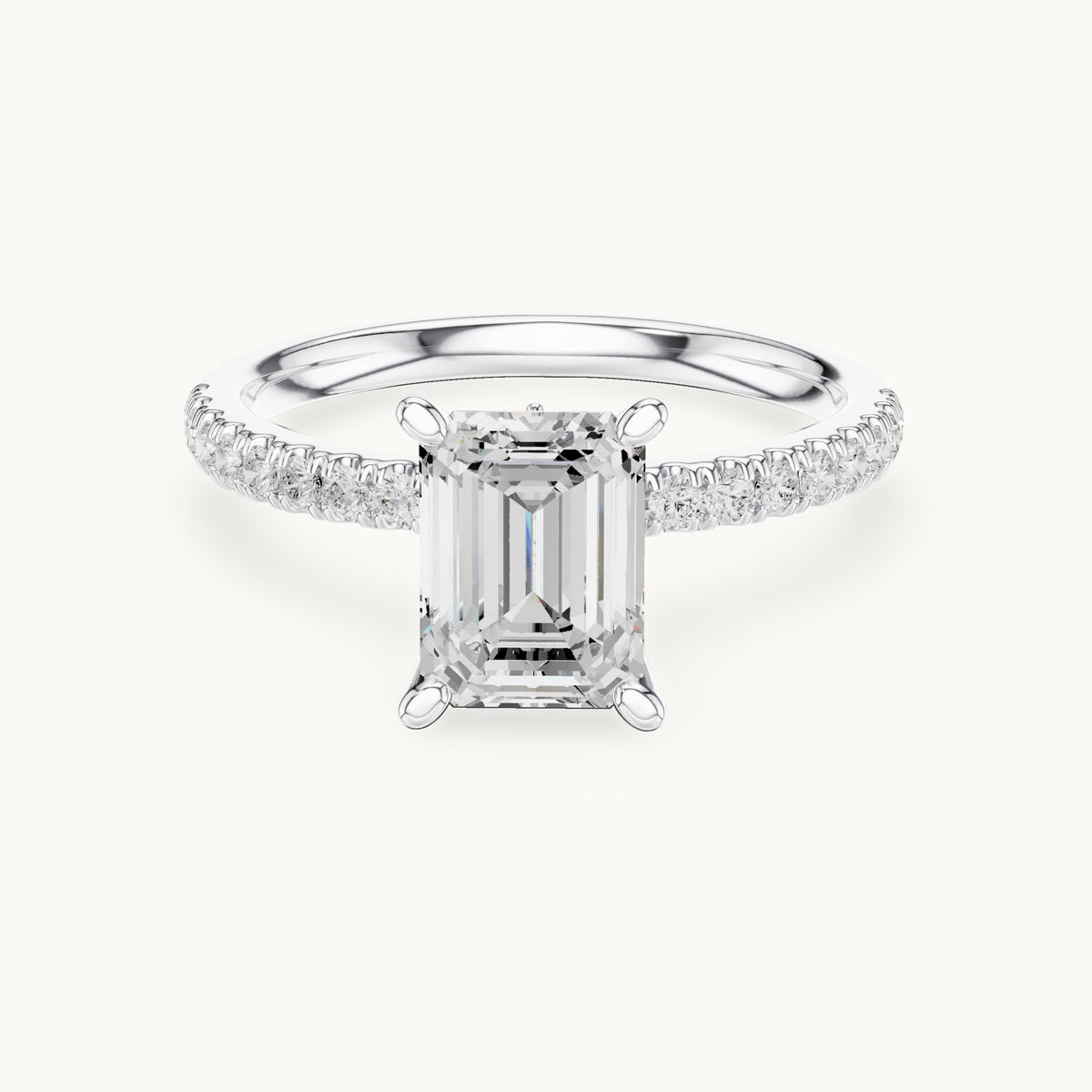 Emerald-cut lab-grown diamond pavé prong-accent engagement ring in white gold, 2.41 CT TW, view 4