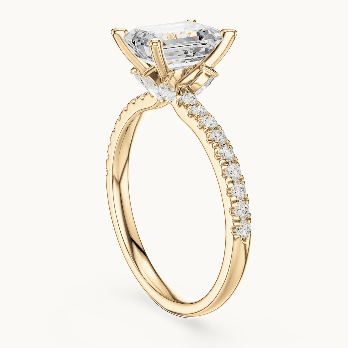 Emerald-cut lab-grown diamond pavé prong-accent engagement ring in yellow gold, 2.41 CT TW, view 1