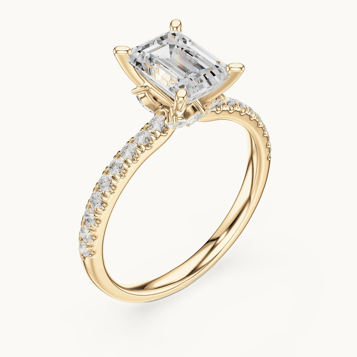 Emerald-cut lab-grown diamond pavé prong-accent engagement ring in yellow gold, 2.41 CT TW, view 2