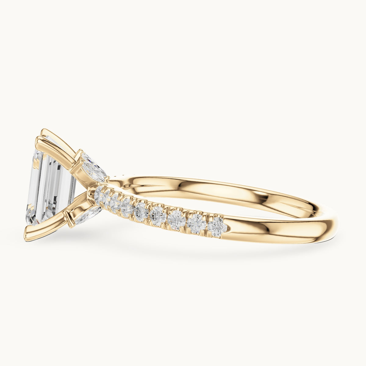 Emerald-cut lab-grown diamond pavé prong-accent engagement ring in yellow gold, 2.41 CT TW, view 3