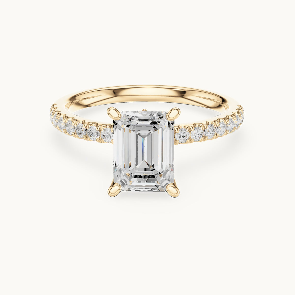 Emerald-cut lab-grown diamond pavé prong-accent engagement ring in yellow gold, 2.41 CT TW, view 4