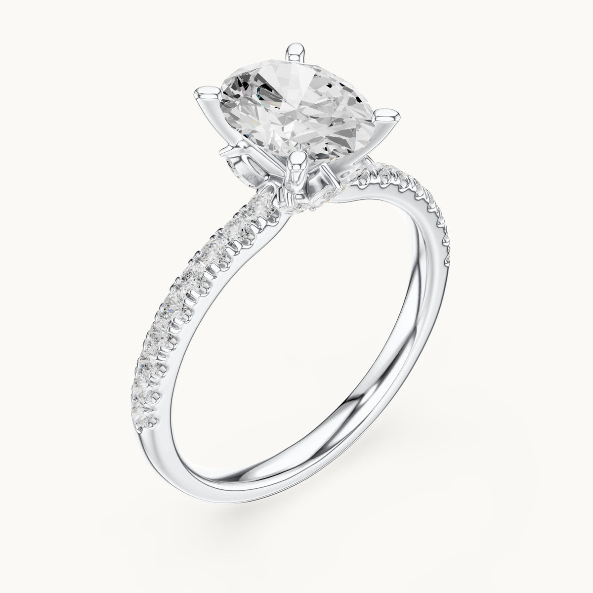 Oval lab-grown diamond pavé prong-accent engagement ring in white gold, 2.41 CT TW, view 2