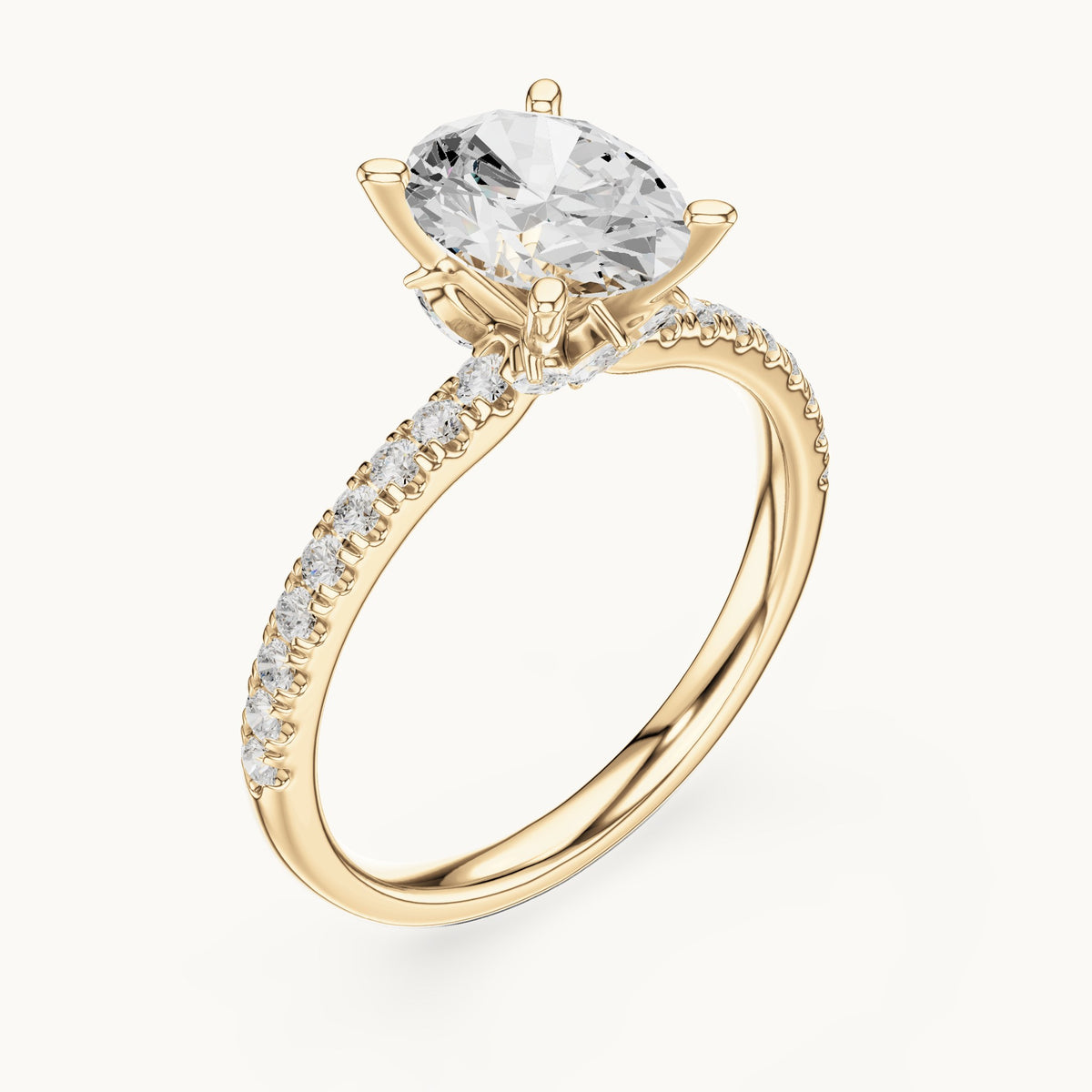 Oval lab-grown diamond pavé prong-accent engagement ring in yellow gold, 2.41 CT TW, view 2