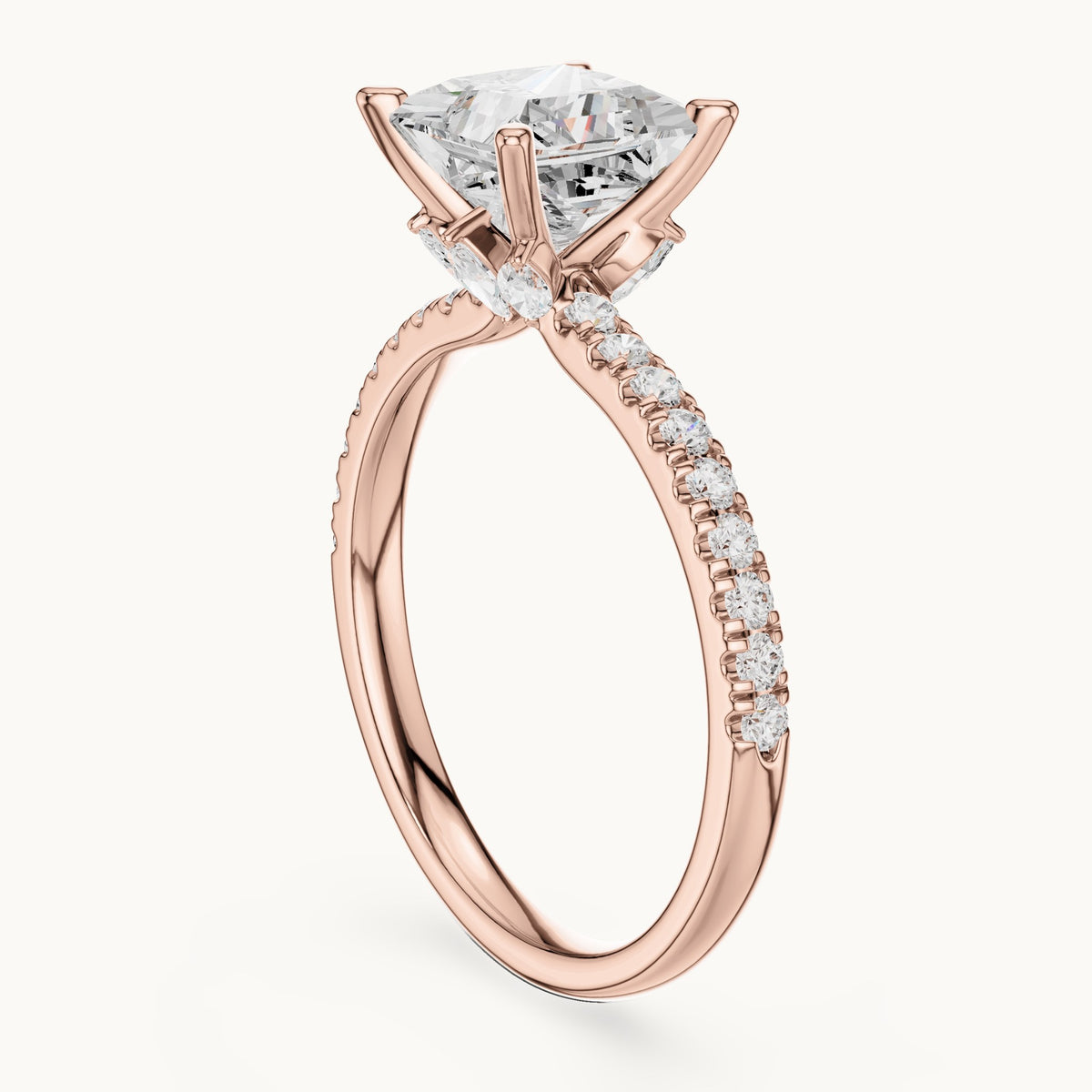 Princess-cut lab-grown diamond pavé prong-accent engagement ring in rose gold, 2.41 CT TW, view 1