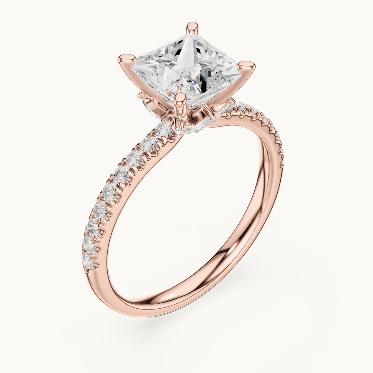 Princess-cut lab-grown diamond pavé prong-accent engagement ring in rose gold, 2.41 CT TW, view 2