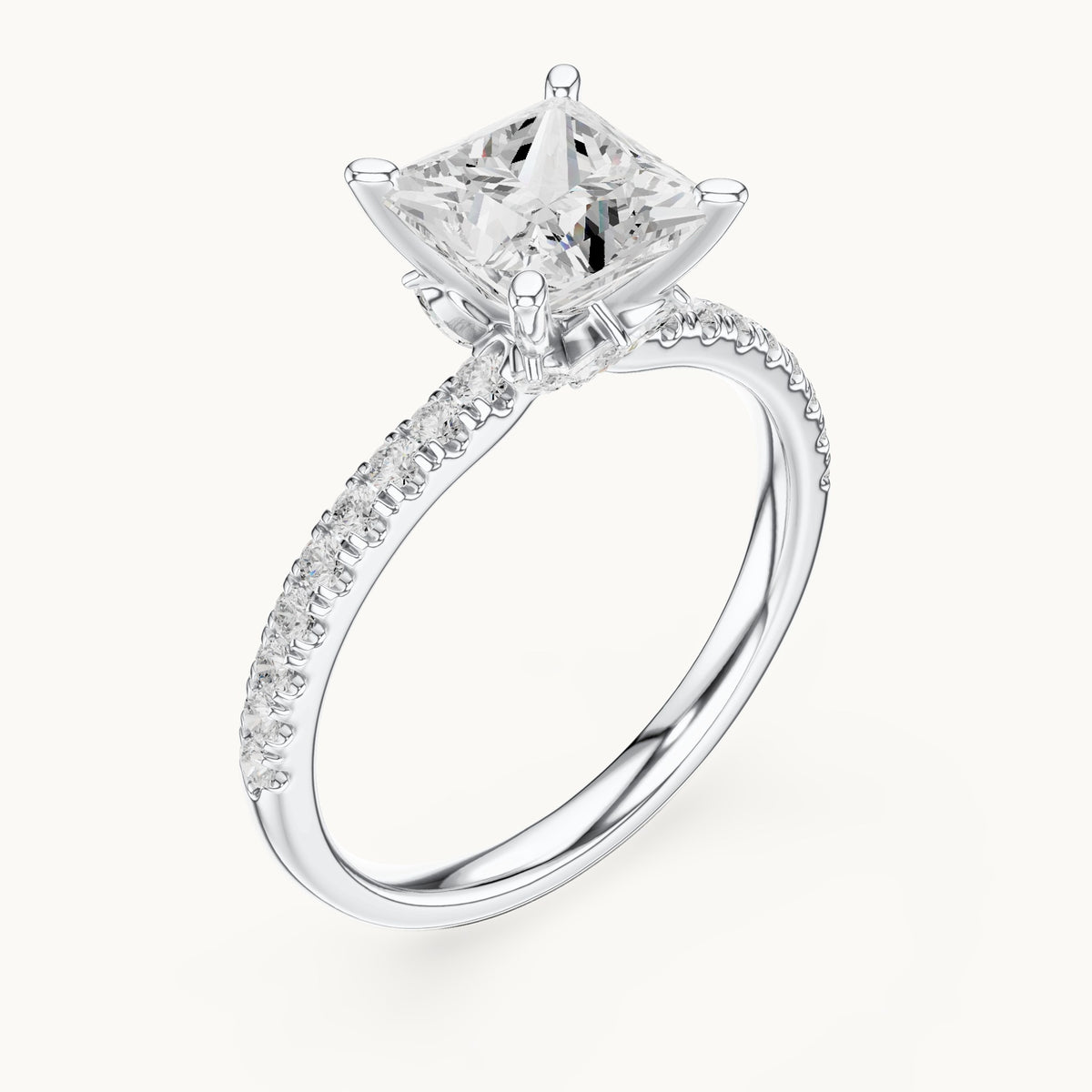Princess-cut lab-grown diamond pavé prong-accent engagement ring in white gold, 2.41 CT TW, view 2
