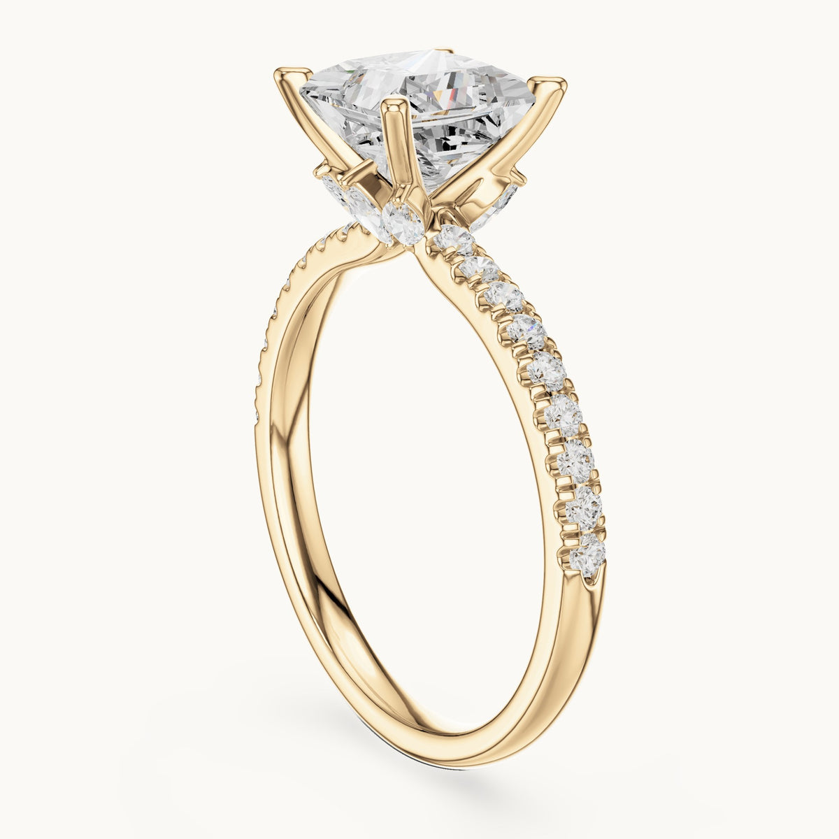Princess-cut lab-grown diamond pavé prong-accent engagement ring in yellow gold, 2.41 CT TW, view 1