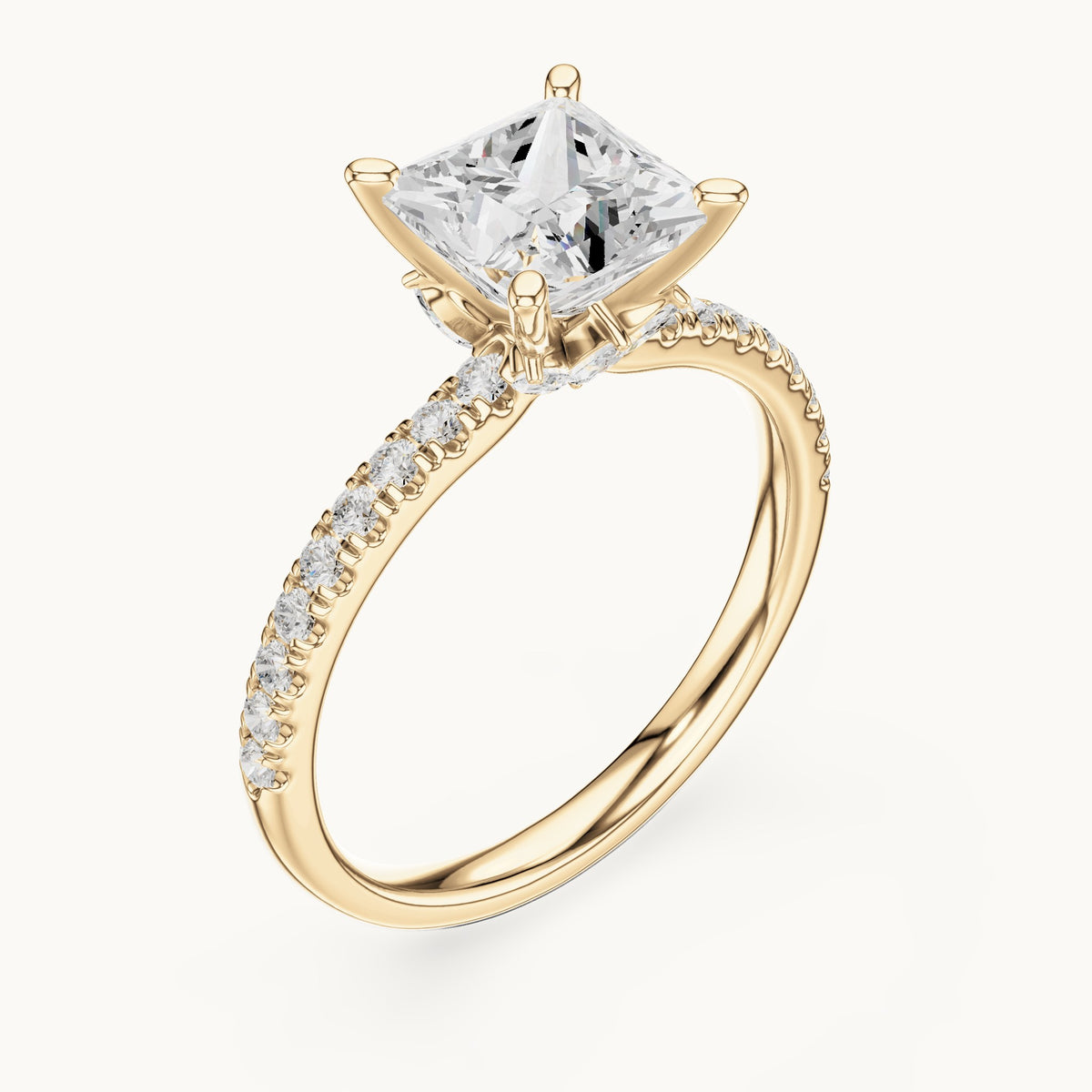 Princess-cut lab-grown diamond pavé prong-accent engagement ring in yellow gold, 2.41 CT TW, view 2