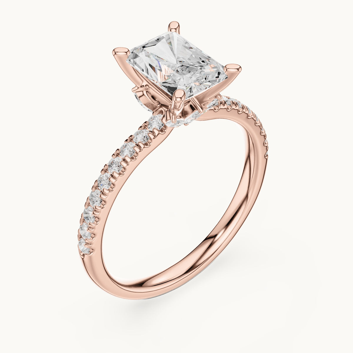 Radiant-cut lab-grown diamond pavé prong-accent engagement ring in rose gold, 2.41 CT TW, view 2