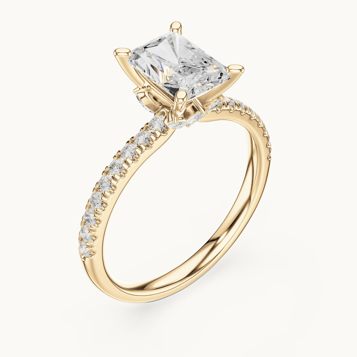 Radiant-cut lab-grown diamond pavé prong-accent engagement ring in yellow gold, 2.41 CT TW, view 2