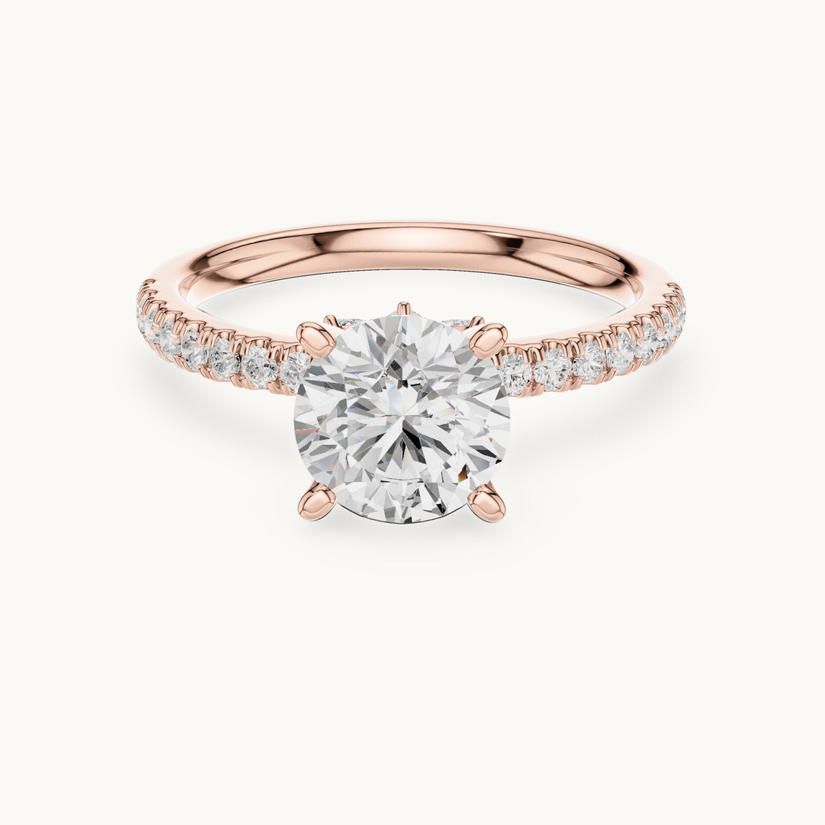 Round lab-grown diamond pavé prong-accent engagement ring in rose gold, 2.41 CT TW, view 4