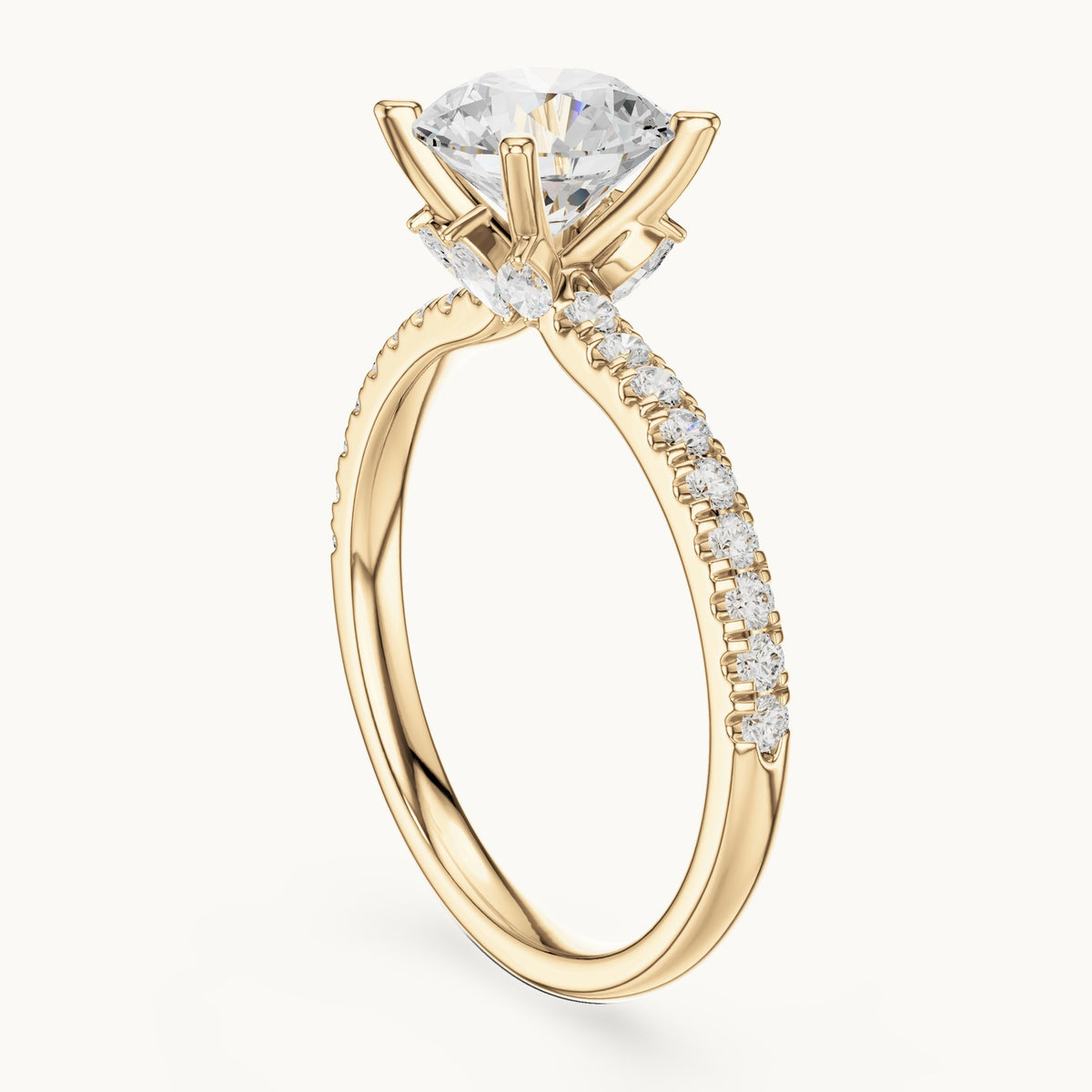 Round lab-grown diamond pavé prong-accent engagement ring in yellow gold, 2.41 CT TW, view 1