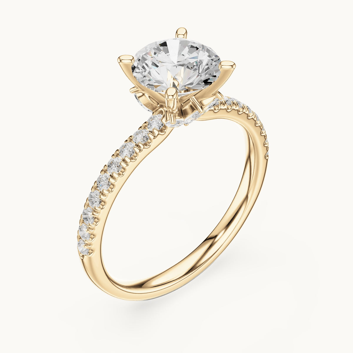 Round lab-grown diamond pavé prong-accent engagement ring in yellow gold, 2.41 CT TW, view 2