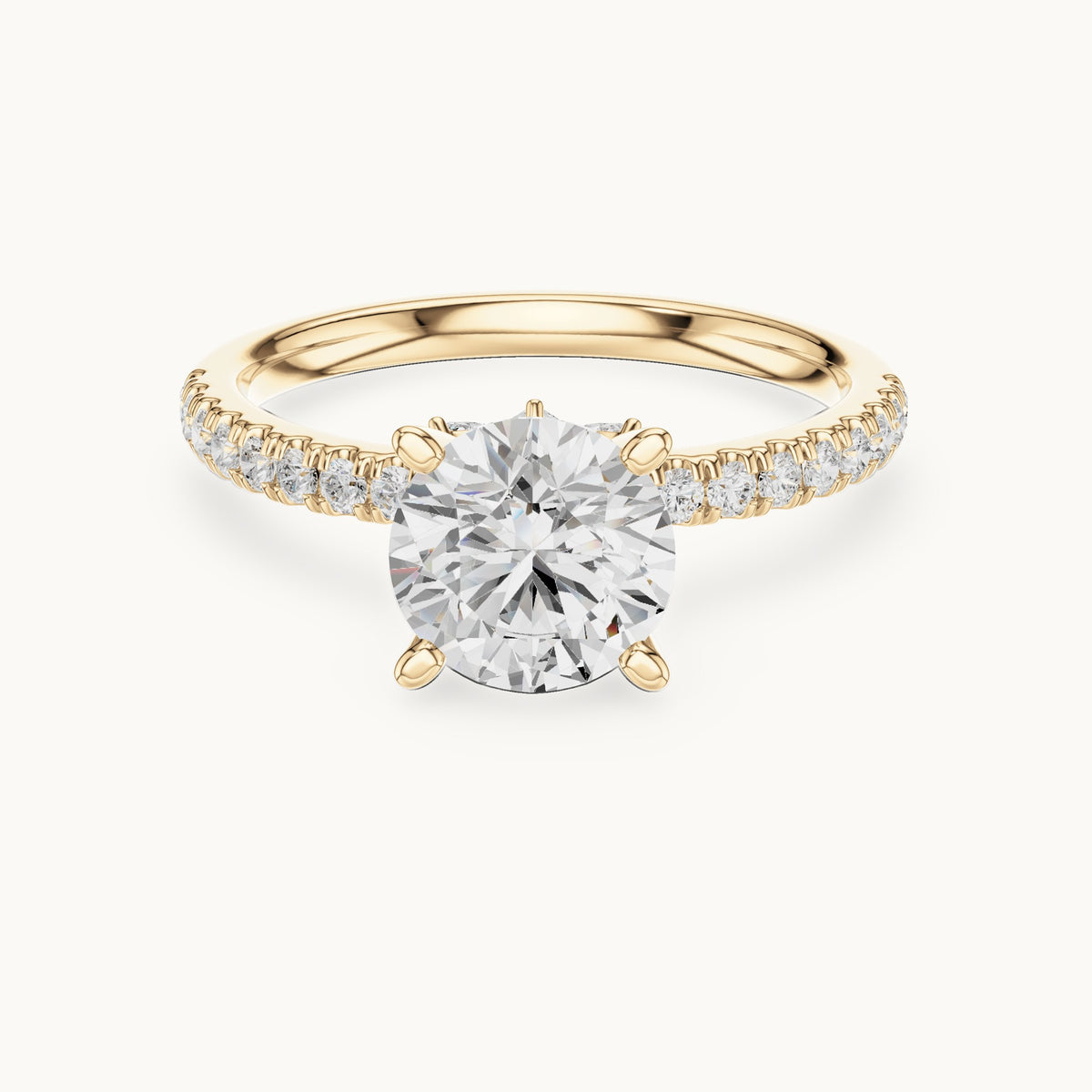 Round lab-grown diamond pavé prong-accent engagement ring in yellow gold, 2.41 CT TW, view 4