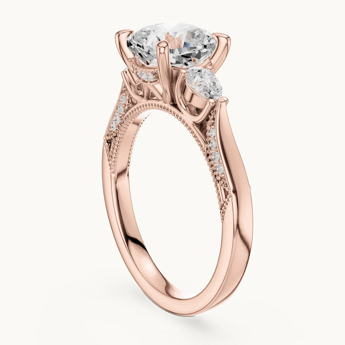 Cushion-cut lab-grown diamond three-stone engagement ring with side diamonds in rose gold, 2.378 CT TW, view 1