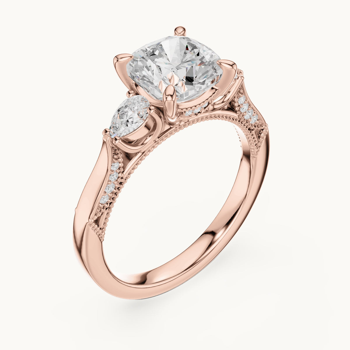 Cushion-cut lab-grown diamond three-stone engagement ring with side diamonds in rose gold, 2.378 CT TW, view 2