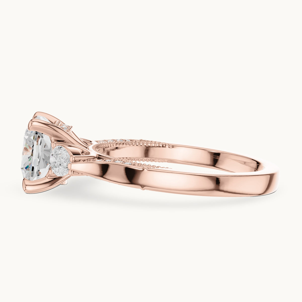 Cushion-cut lab-grown diamond three-stone engagement ring with side diamonds in rose gold, 2.378 CT TW, view 3