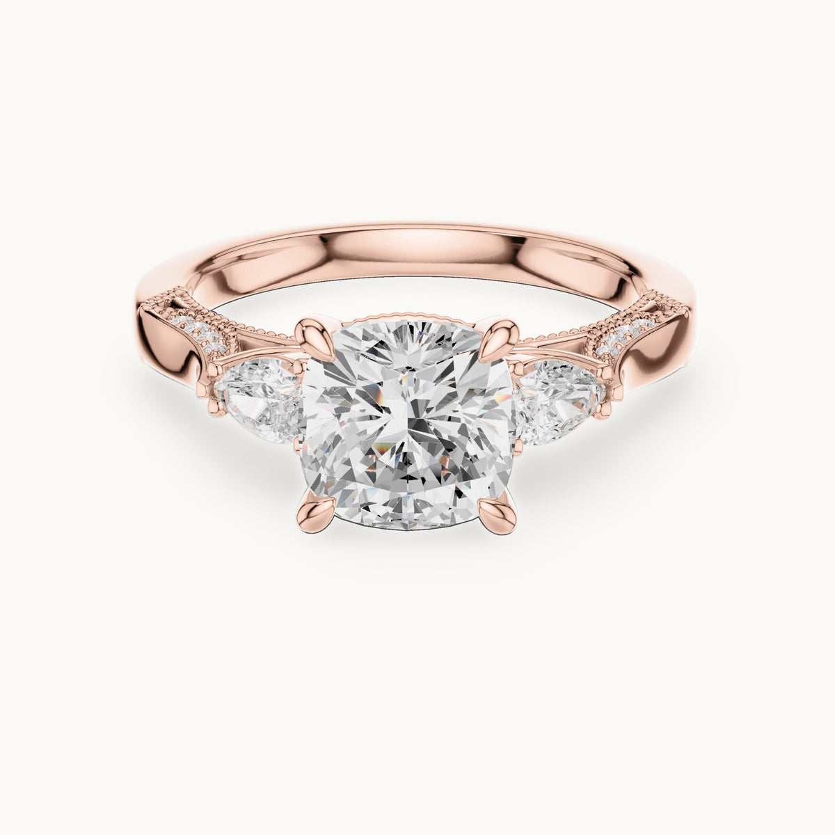 Cushion-cut lab-grown diamond three-stone engagement ring with side diamonds in rose gold, 2.378 CT TW, view 4