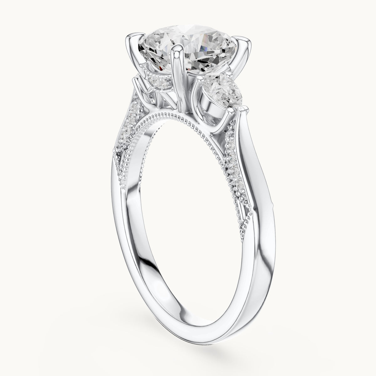 Cushion-cut lab-grown diamond three-stone engagement ring with side diamonds in white gold, 2.378 CT TW, view 1