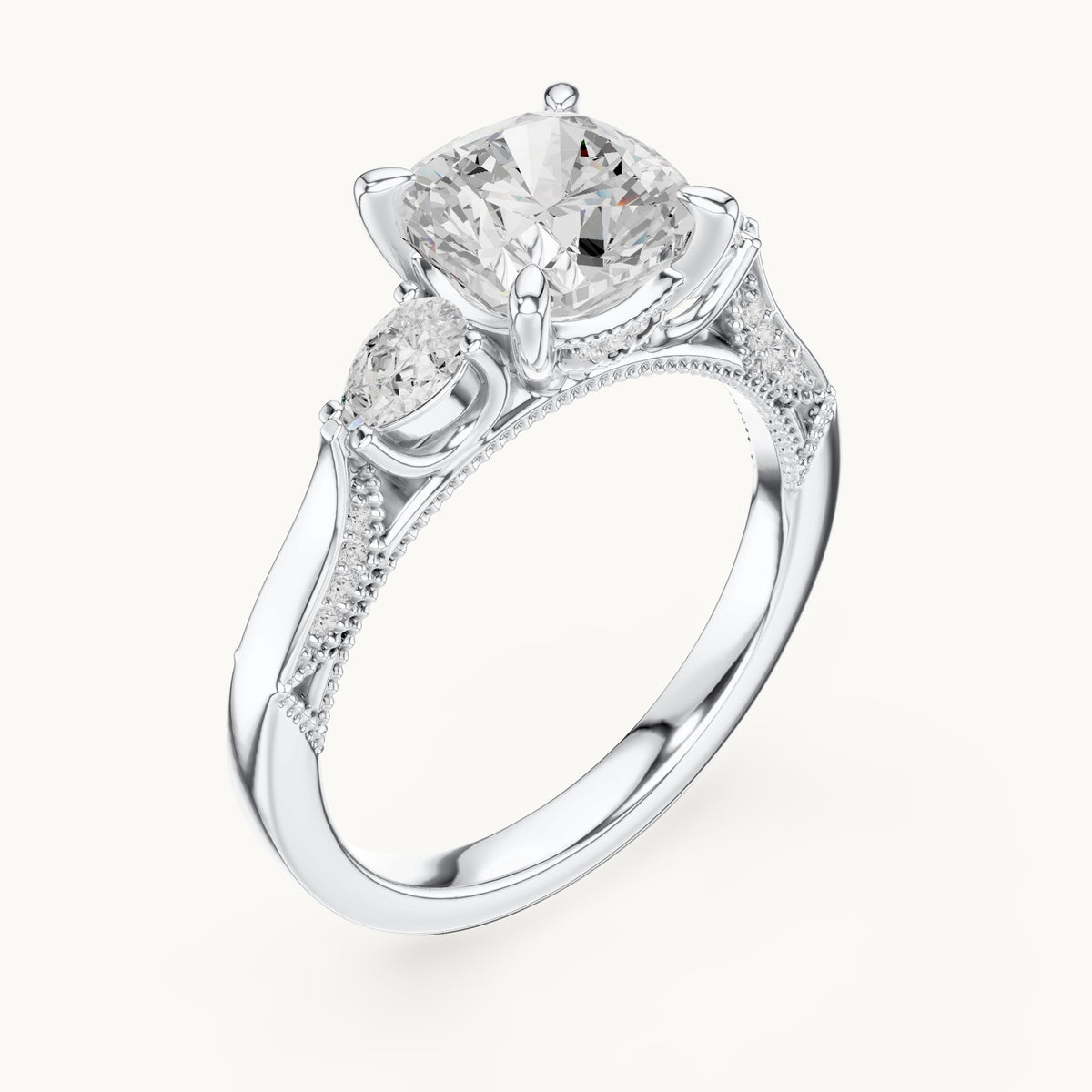 Cushion-cut lab-grown diamond three-stone engagement ring with side diamonds in white gold, 2.378 CT TW, view 2