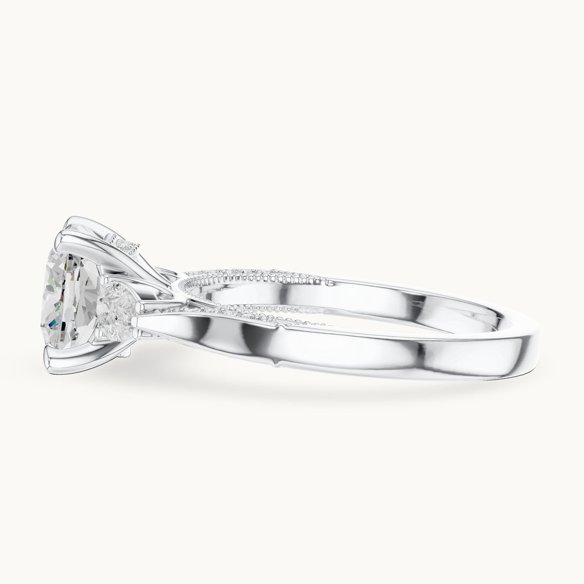 Cushion-cut lab-grown diamond three-stone engagement ring with side diamonds in white gold, 2.378 CT TW, view 3