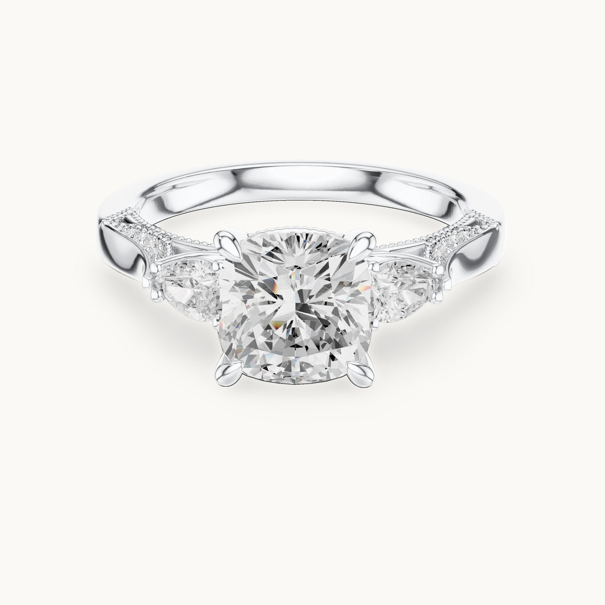 Cushion-cut lab-grown diamond three-stone engagement ring with side diamonds in white gold, 2.378 CT TW, view 4