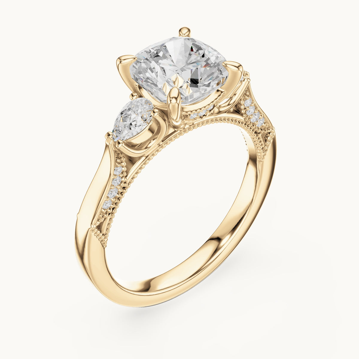 Cushion-cut lab-grown diamond three-stone engagement ring with side diamonds in yellow gold, 2.378 CT TW, view 2