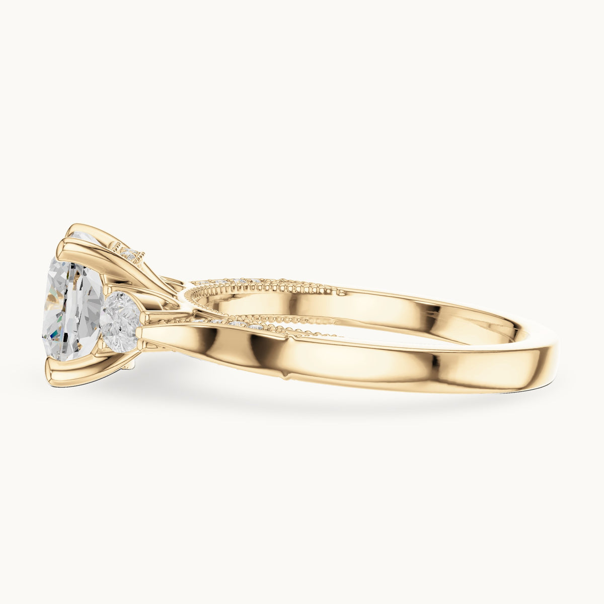 Cushion-cut lab-grown diamond three-stone engagement ring with side diamonds in yellow gold, 2.378 CT TW, view 3