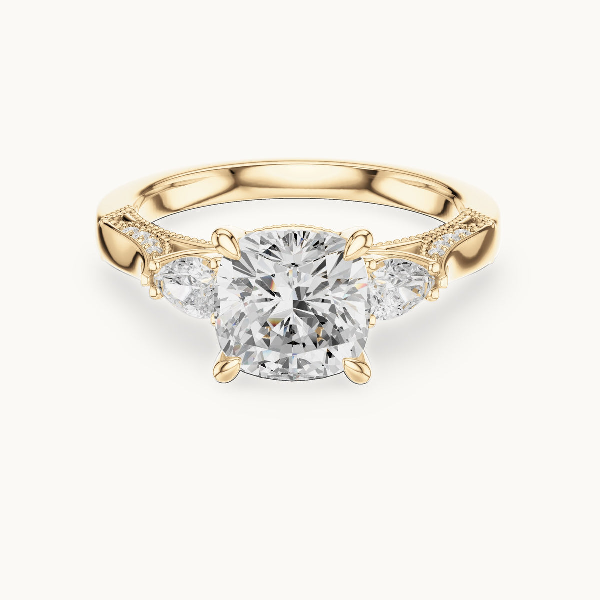 Cushion-cut lab-grown diamond three-stone engagement ring with side diamonds in yellow gold, 2.378 CT TW, view 4