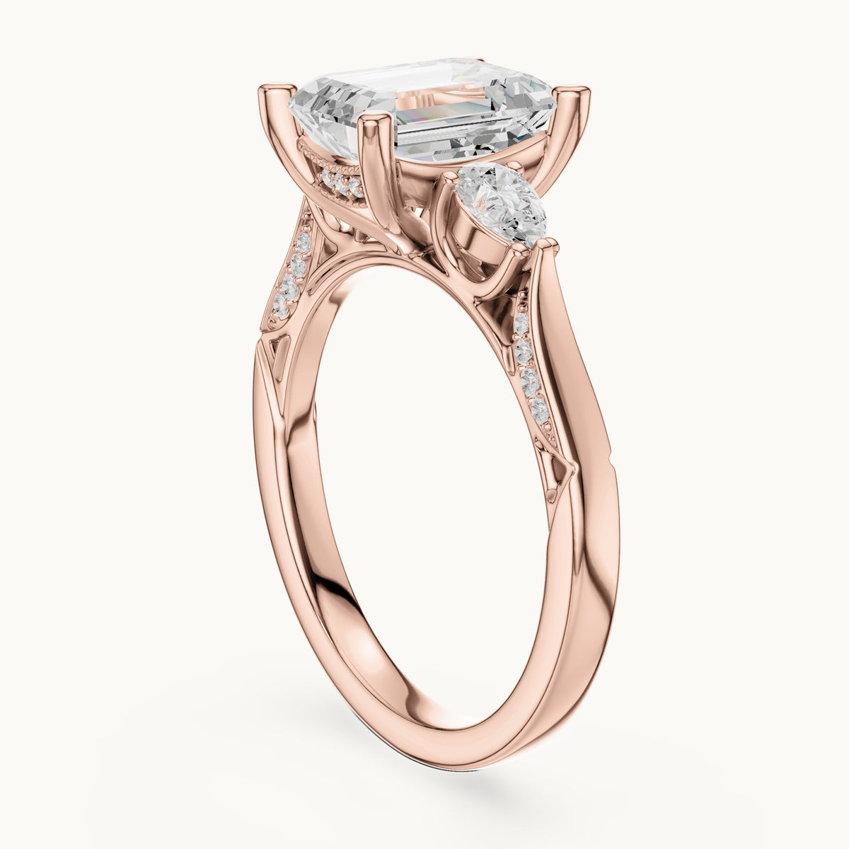 Emerald-cut lab-grown diamond three-stone engagement ring with side diamonds in rose gold, 2.54 CT TW, view 1