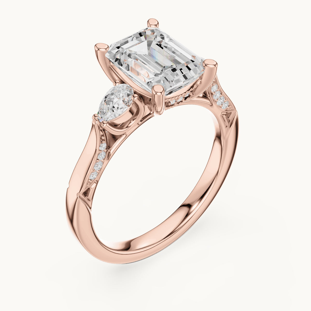 Emerald-cut lab-grown diamond three-stone engagement ring with side diamonds in rose gold, 2.54 CT TW, view 2