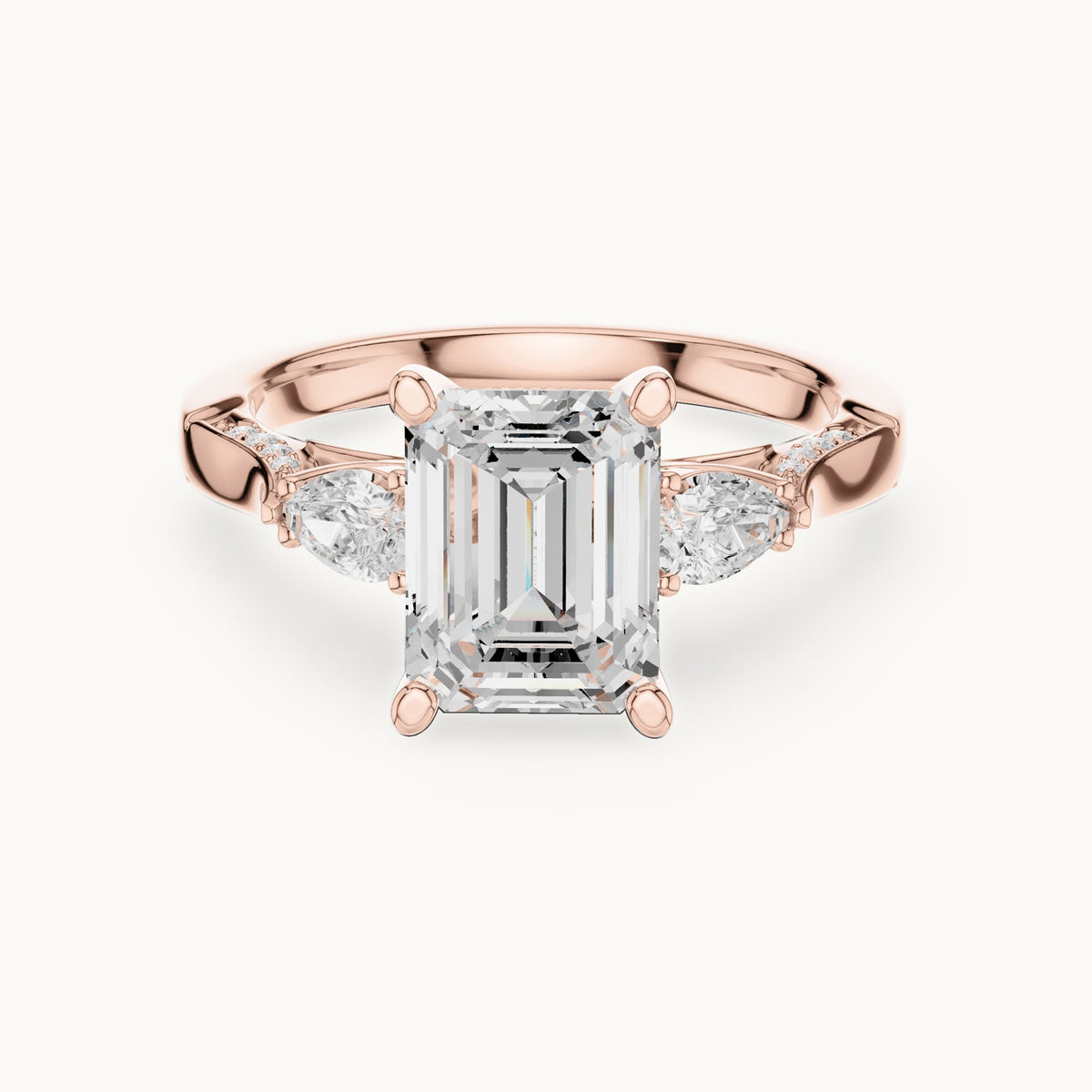 Emerald-cut lab-grown diamond three-stone engagement ring with side diamonds in rose gold, 2.54 CT TW, view 4