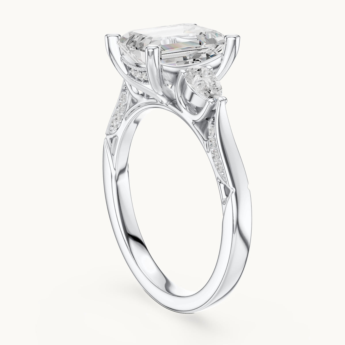 Emerald-cut lab-grown diamond three-stone engagement ring with side diamonds in white gold, 2.54 CT TW, view 1