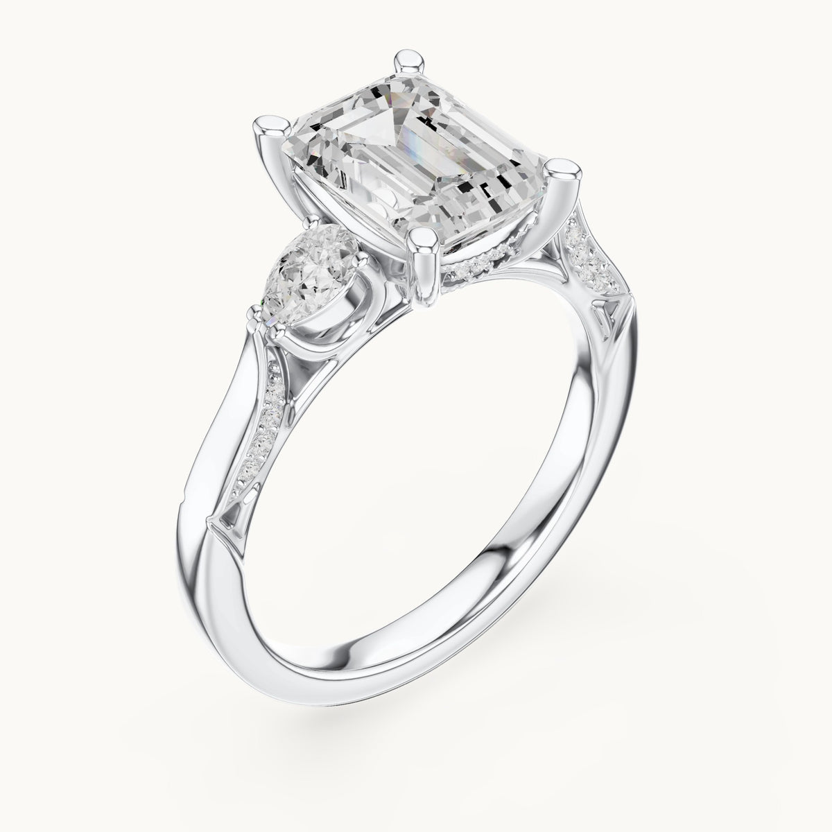 Emerald-cut lab-grown diamond three-stone engagement ring with side diamonds in white gold, 2.54 CT TW, view 2