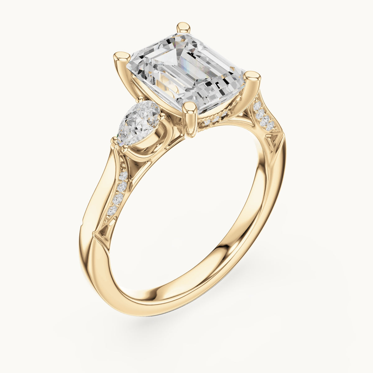 Emerald-cut lab-grown diamond three-stone engagement ring with side diamonds in yellow gold, 2.54 CT TW, view 2