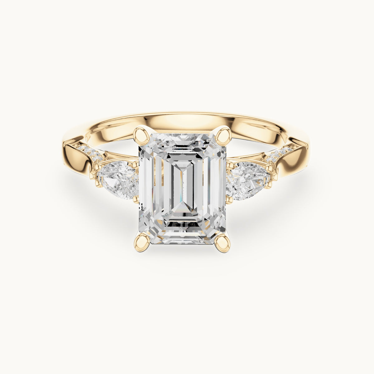 Emerald-cut lab-grown diamond three-stone engagement ring with side diamonds in yellow gold, 2.54 CT TW, view 4