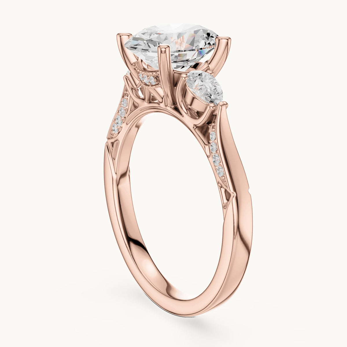Oval lab-grown diamond three-stone engagement ring with side diamonds in rose gold, 2.54 CT TW, view 1