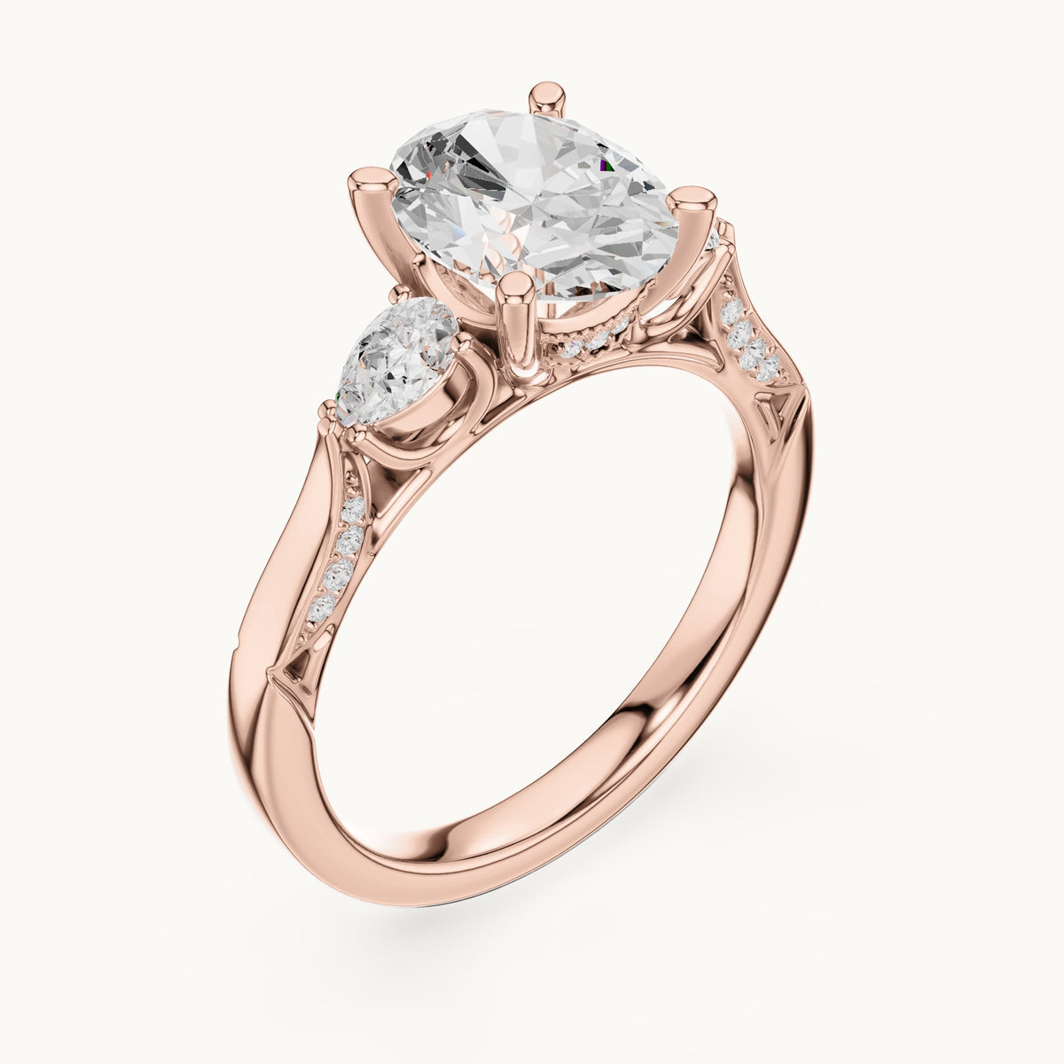 Oval lab-grown diamond three-stone engagement ring with side diamonds in rose gold, 2.54 CT TW, view 2
