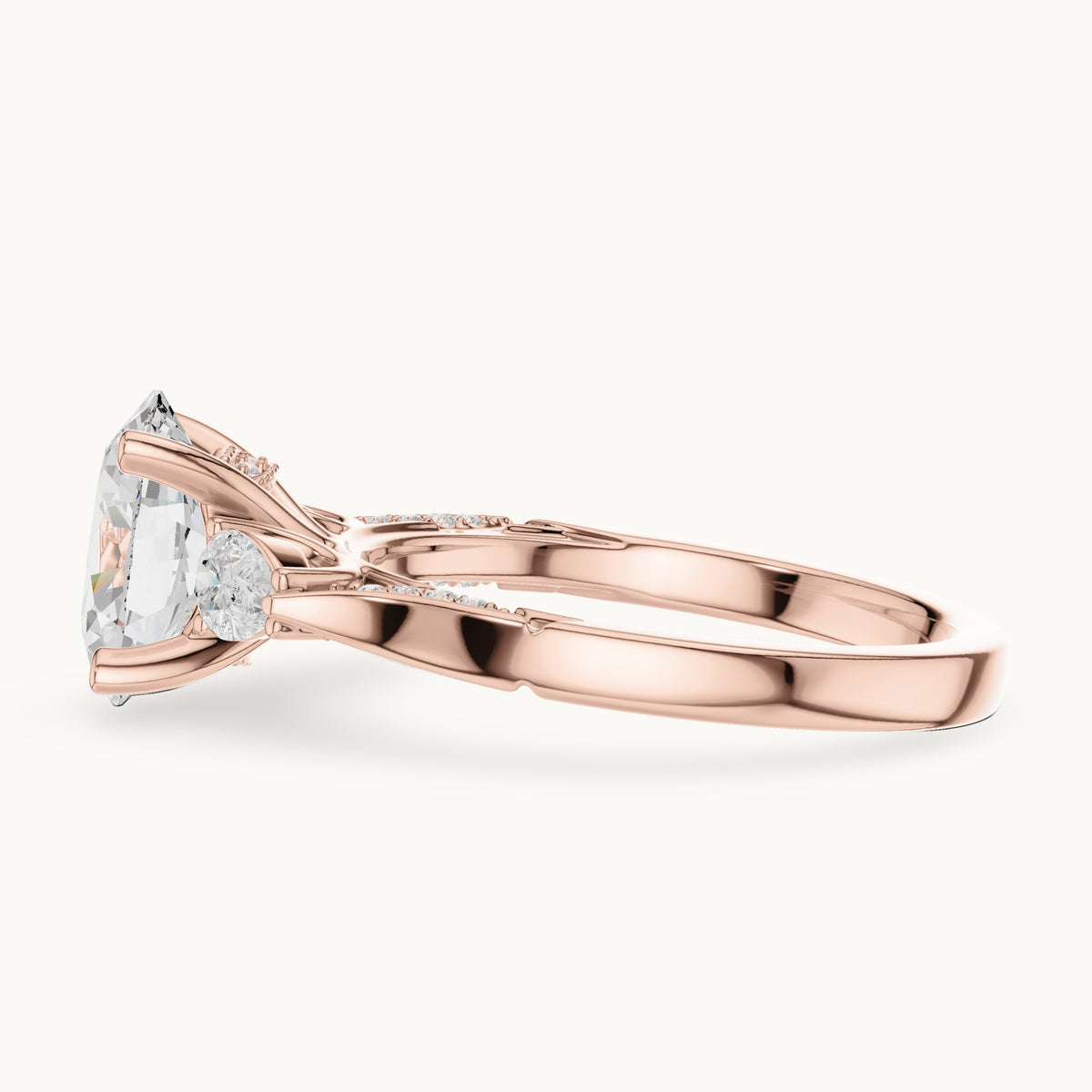 Oval lab-grown diamond three-stone engagement ring with side diamonds in rose gold, 2.54 CT TW, view 3