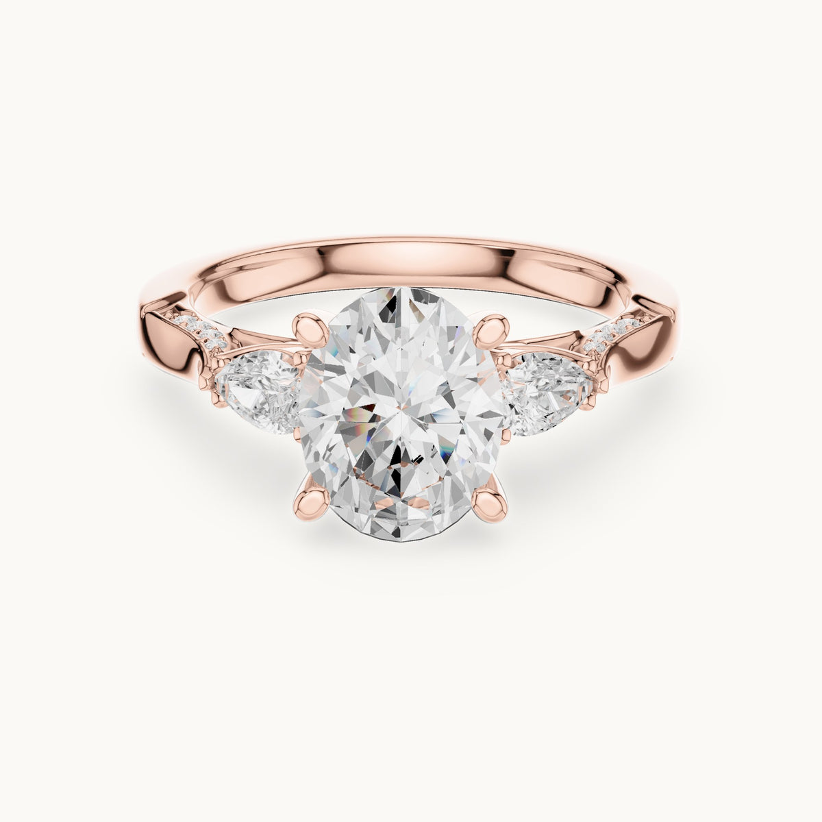 Oval lab-grown diamond three-stone engagement ring with side diamonds in rose gold, 2.54 CT TW, view 4