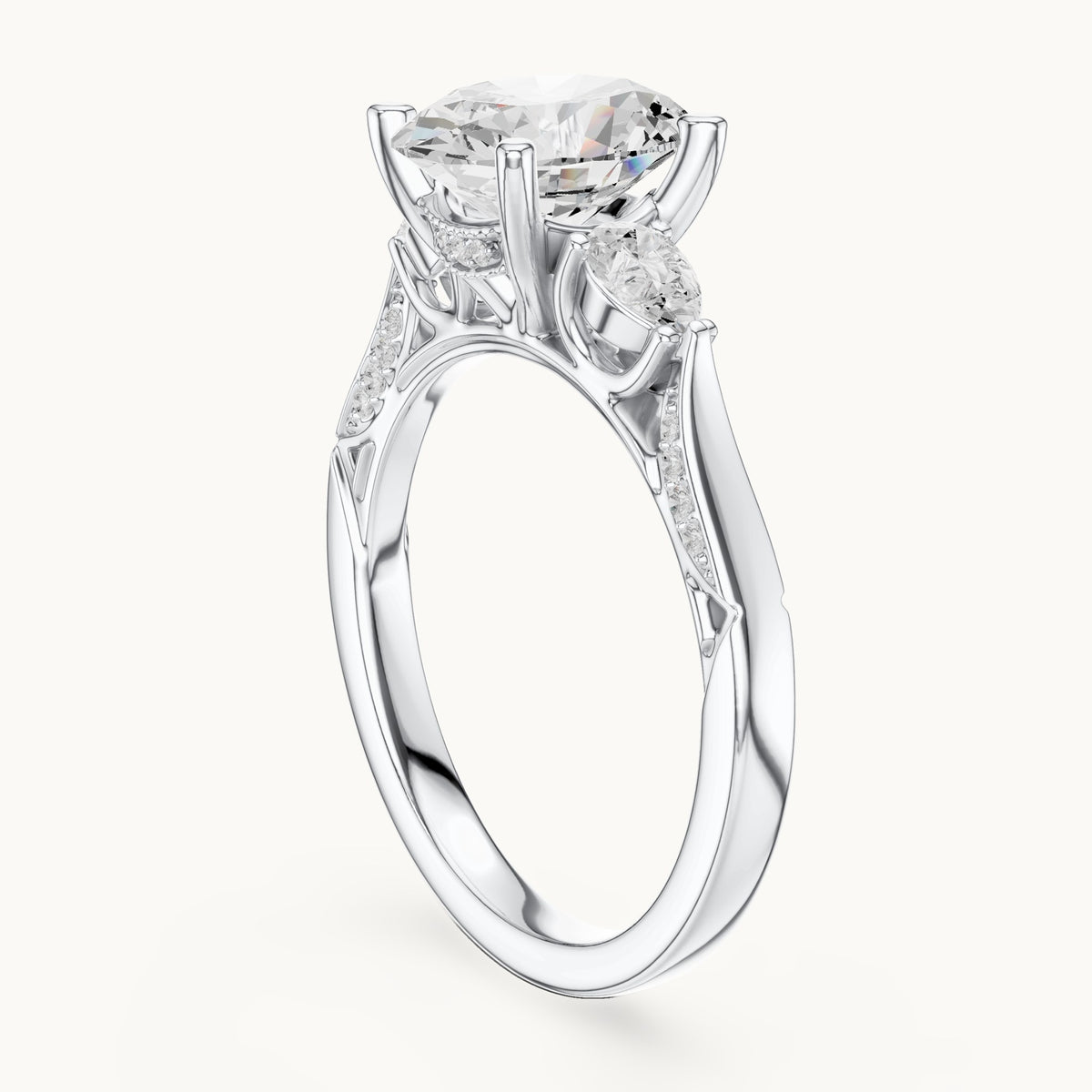 Oval lab-grown diamond three-stone engagement ring with side diamonds in white gold, 2.54 CT TW, view 1
