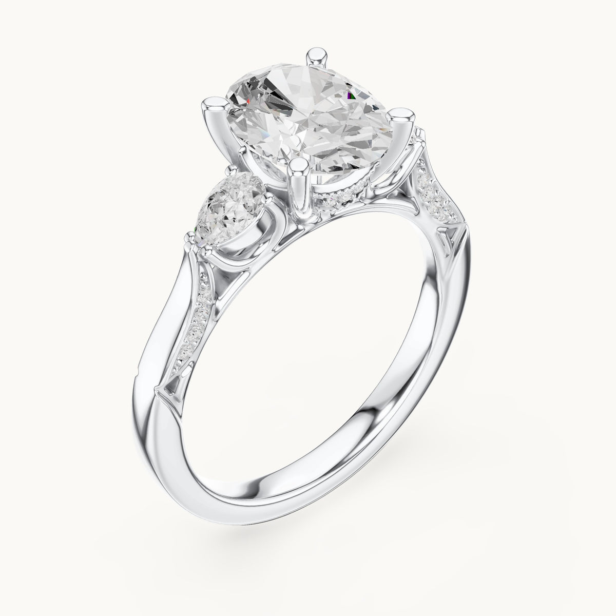 Oval lab-grown diamond three-stone engagement ring with side diamonds in white gold, 2.54 CT TW, view 2
