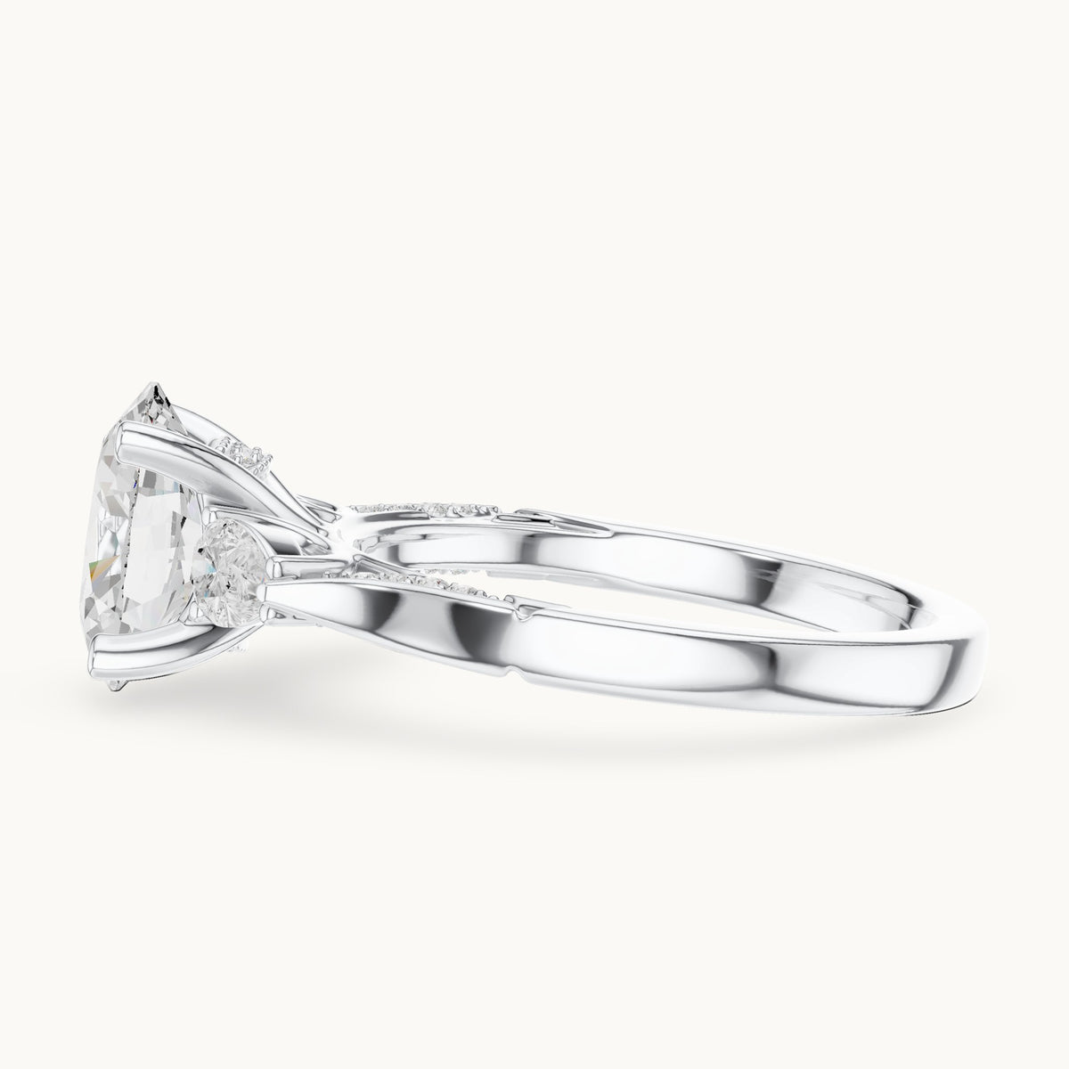 Oval lab-grown diamond three-stone engagement ring with side diamonds in white gold, 2.54 CT TW, view 3