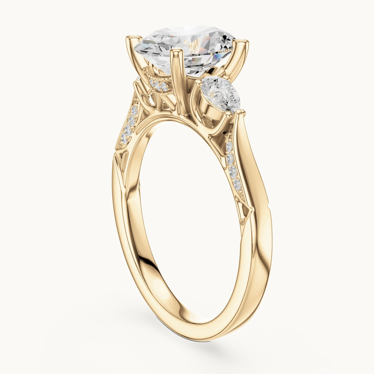 Oval lab-grown diamond three-stone engagement ring with side diamonds in yellow gold, 2.54 CT TW, view 1