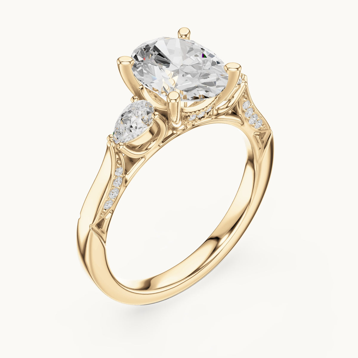 Oval lab-grown diamond three-stone engagement ring with side diamonds in yellow gold, 2.54 CT TW, view 2